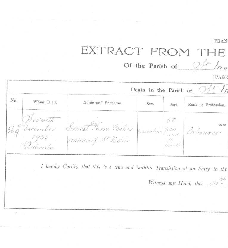 Ernest Pierre Bihet - copy of death certificate