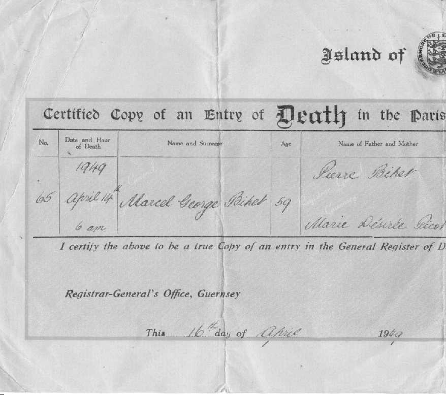 Death Certificate - Marcel George Bihet 14 April 1949
