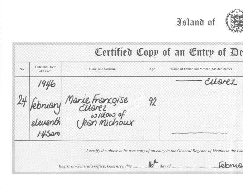 Marie Francoise Hlary - copy of death certificate.  I believe the correct spelling is Hlary - please compare to birth certificate of Marie Josephine Allain