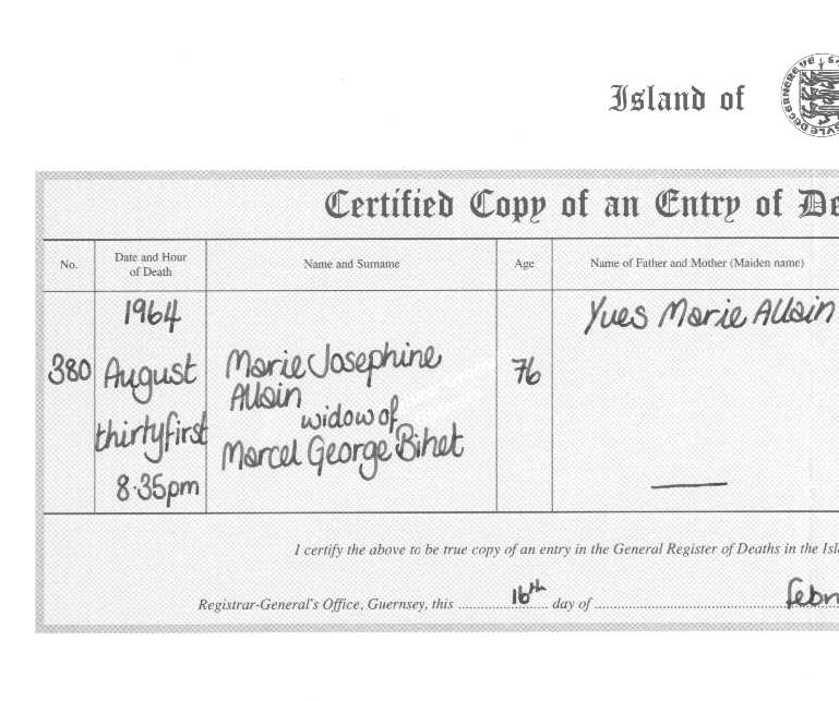 Marie Josephine Allain (Bihet) - copy of death certificate