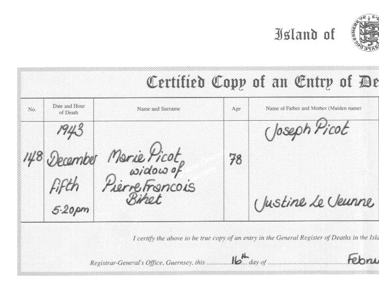 Marie Picot (Bihet) - copy of death certificate