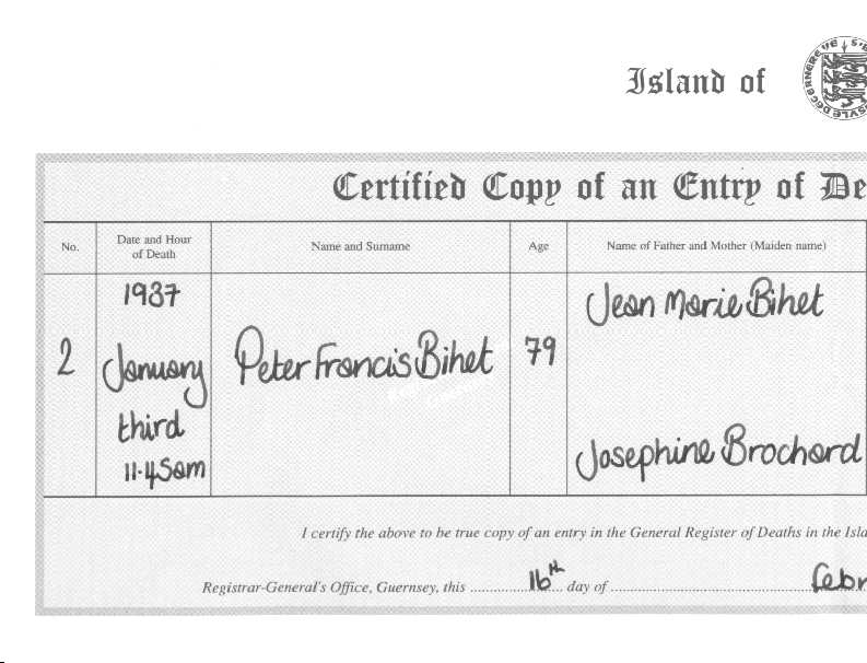 Pierre Franois Desir Bihet - copy of death certificate