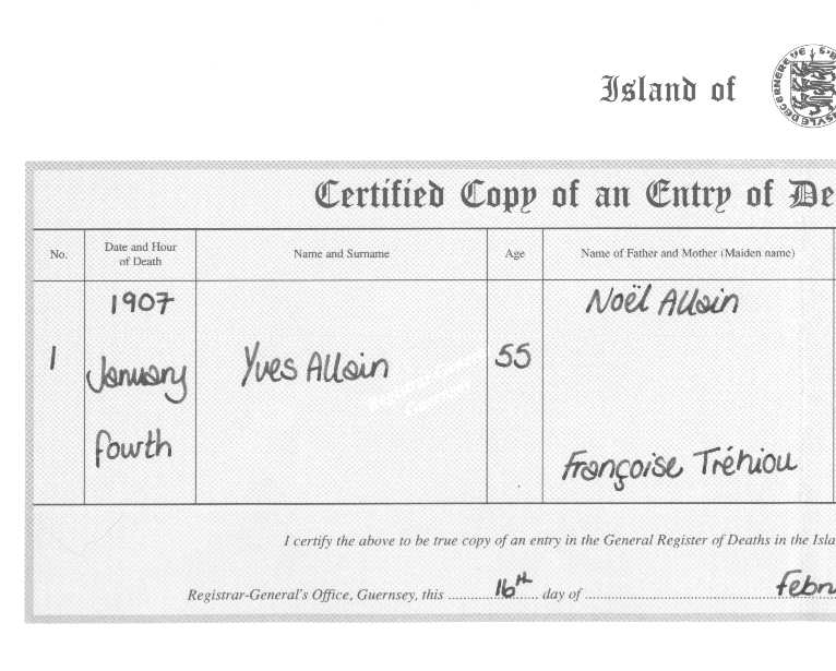 Yves Marie Allain - copy of death certificate